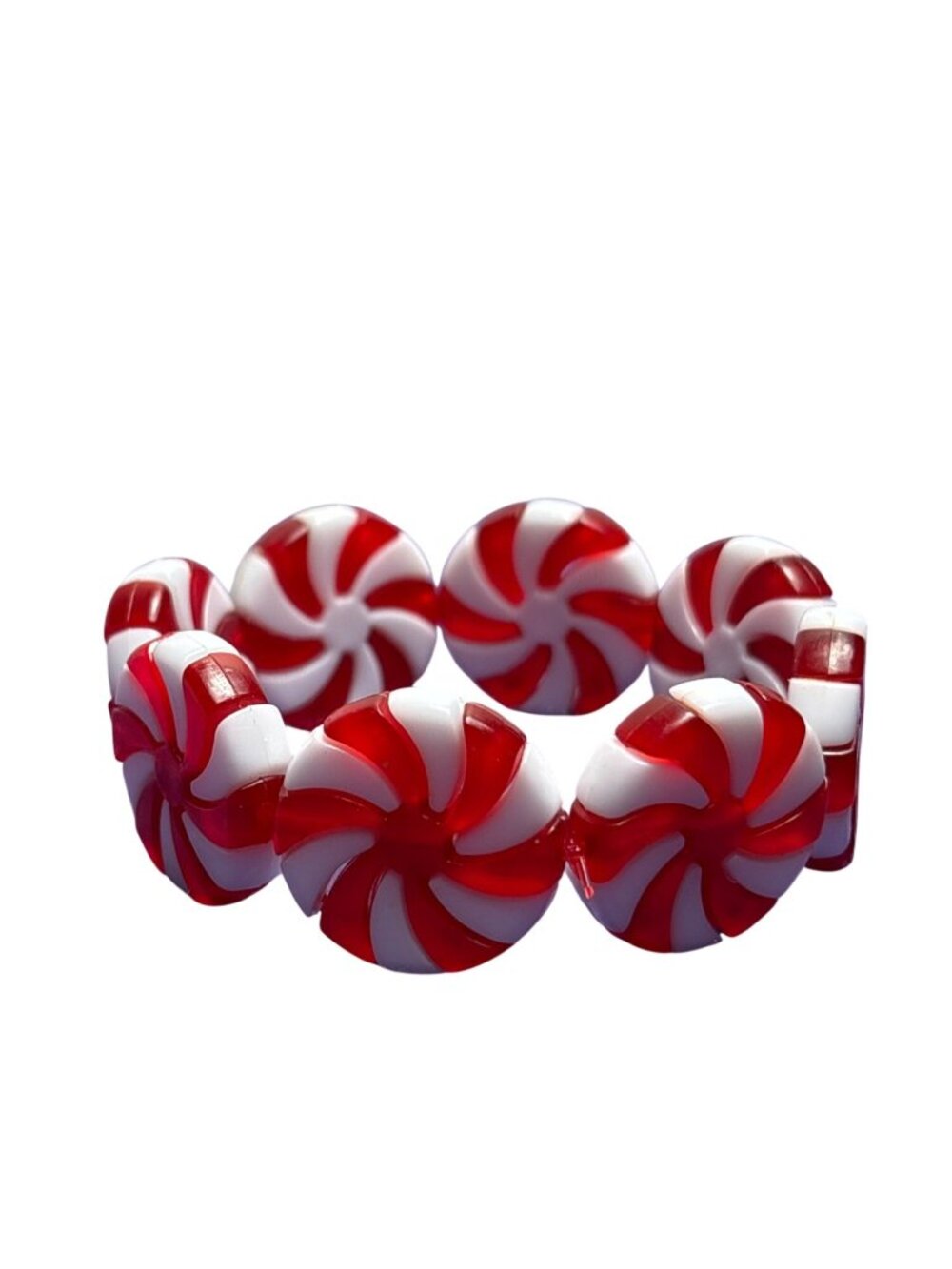 Plastic Peppermint Beaded Stretchy Bracelet Red White 6.75 inches Unstretched